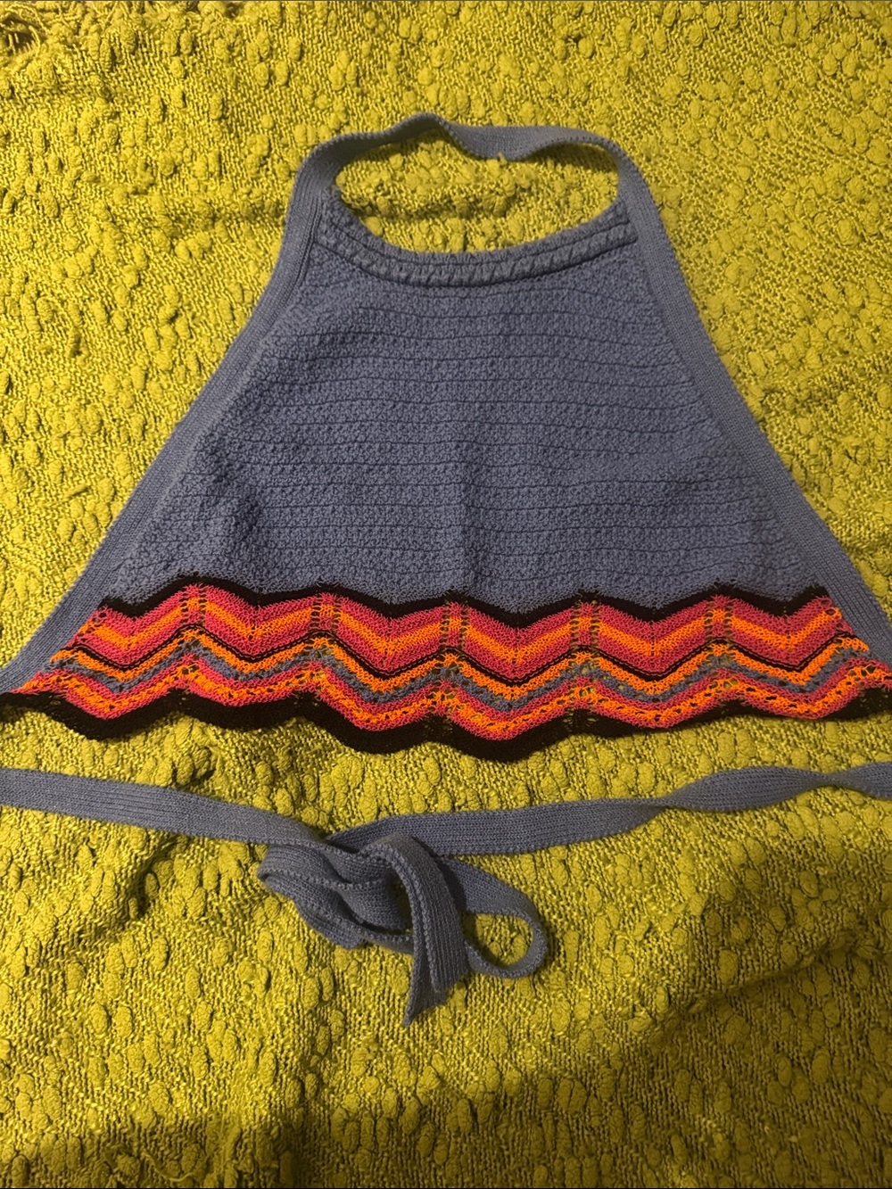 Crop Halter Top with Chevron Accent - Slate Blue